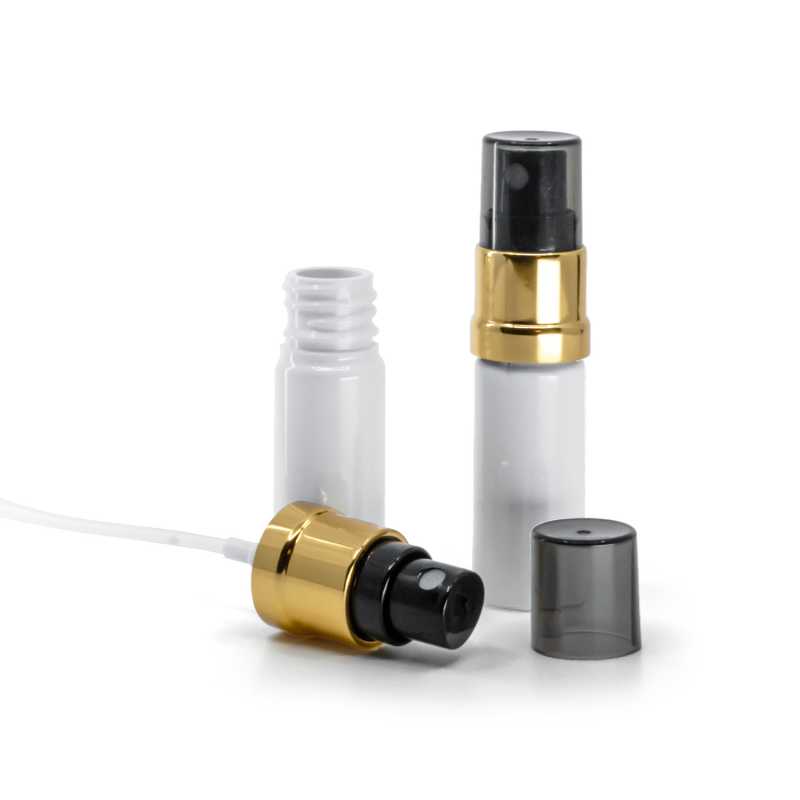Plastová fľaška, liekovka, biela, čierno-zlatý rozprašovač, dymový kryt, 10 ml
