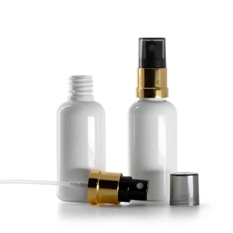 Plastová fľaška, liekovka, biela, čierno-zlatý rozprašovač, dymový kryt, 50 ml