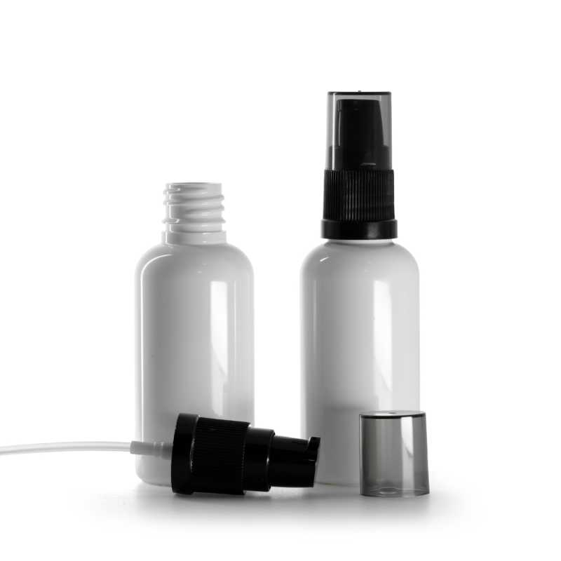 Plastová fľaška, liekovka, biela, čierny dávkovač krémov s dymovým krytom, 50 ml