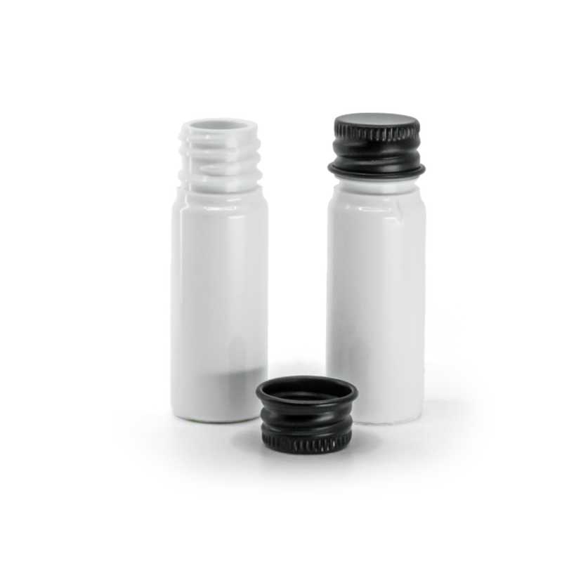 Plastová fľaška, liekovka, biela, čierny hliníkový vrchnák, 10 ml