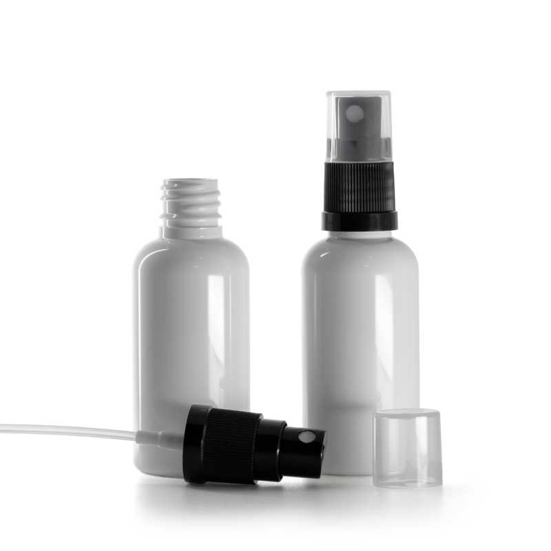 Plastová fľaška, liekovka, biela, čierny rozprašovač, 50 ml