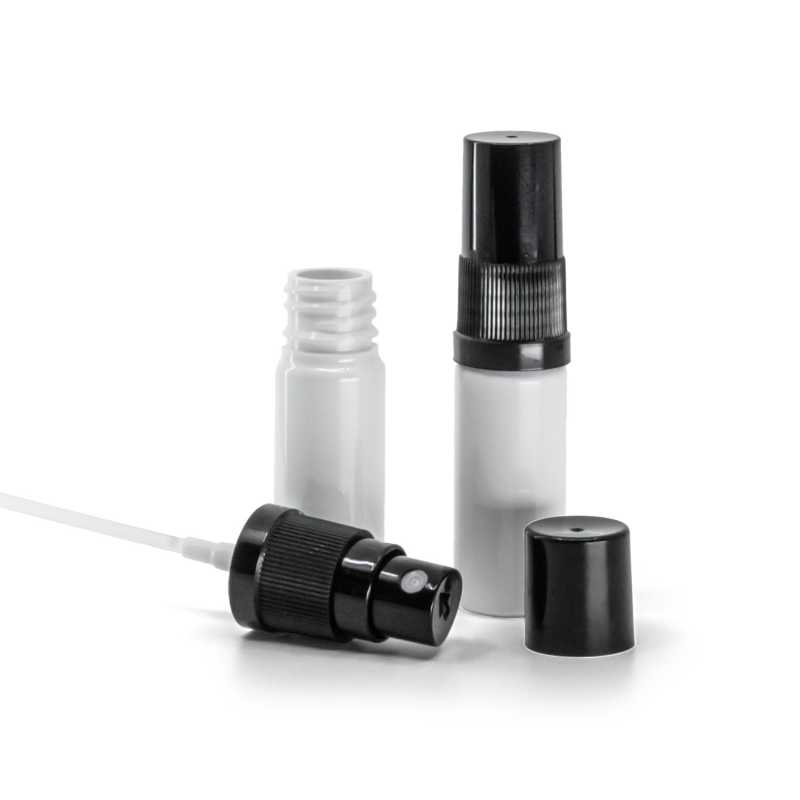 Plastová fľaška, liekovka, biela, čierny rozprašovač, čierny vrch, 10 ml