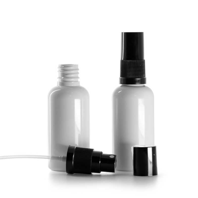 Plastová fľaška, liekovka, biela, čierny rozprašovač, čierny vrch, 50 ml