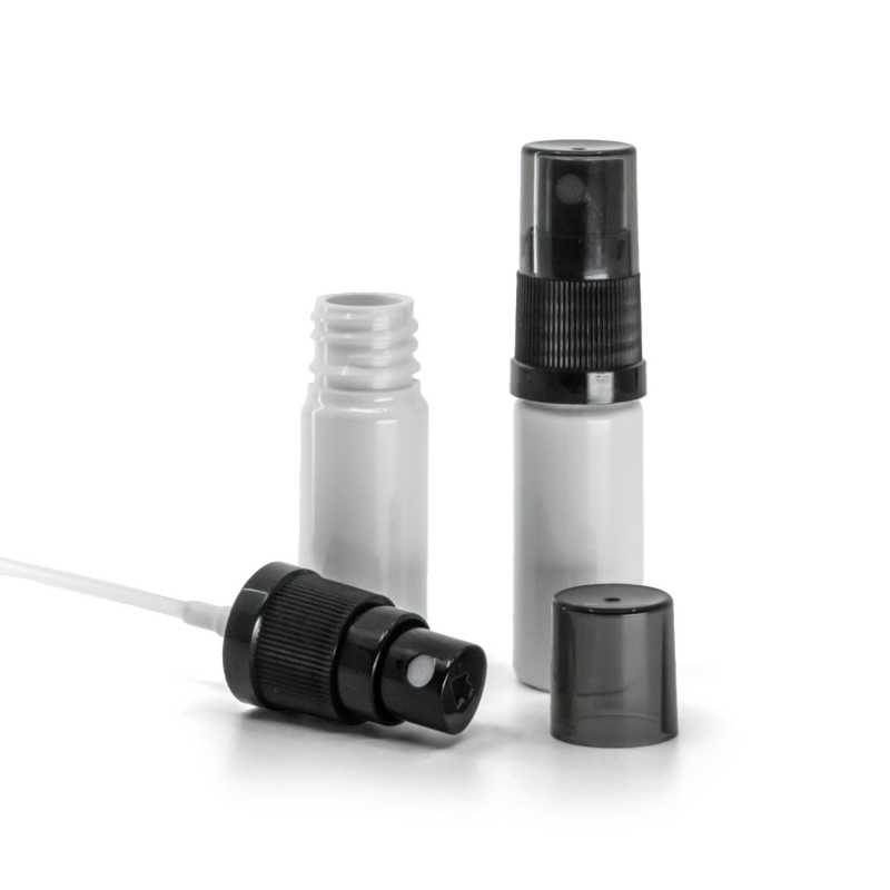 Plastová fľaška, liekovka, biela, čierny rozprašovač, dymový vrch, 10 ml