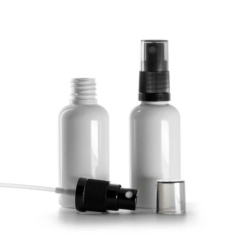 Plastová fľaška, liekovka, biela, čierny rozprašovač, dymový vrch, 50 ml