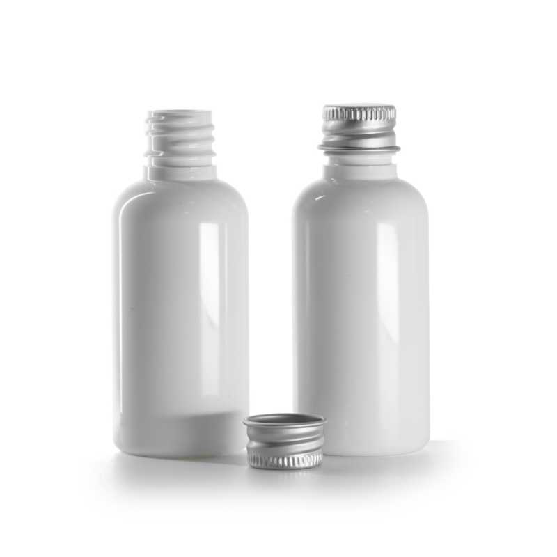 Plastová fľaška, liekovka, biela, hliníkový vrchnák, 50 ml
