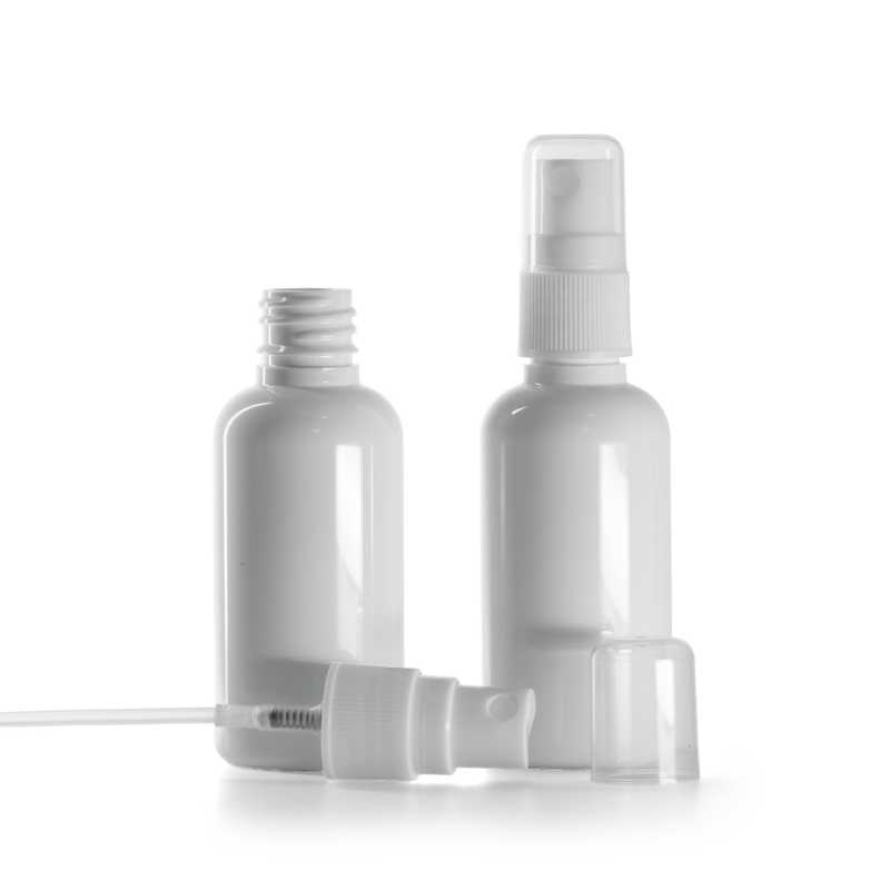 Plastová fľaška, liekovka, biela, rozprašovač biely na plastovú fľašu, 50 ml