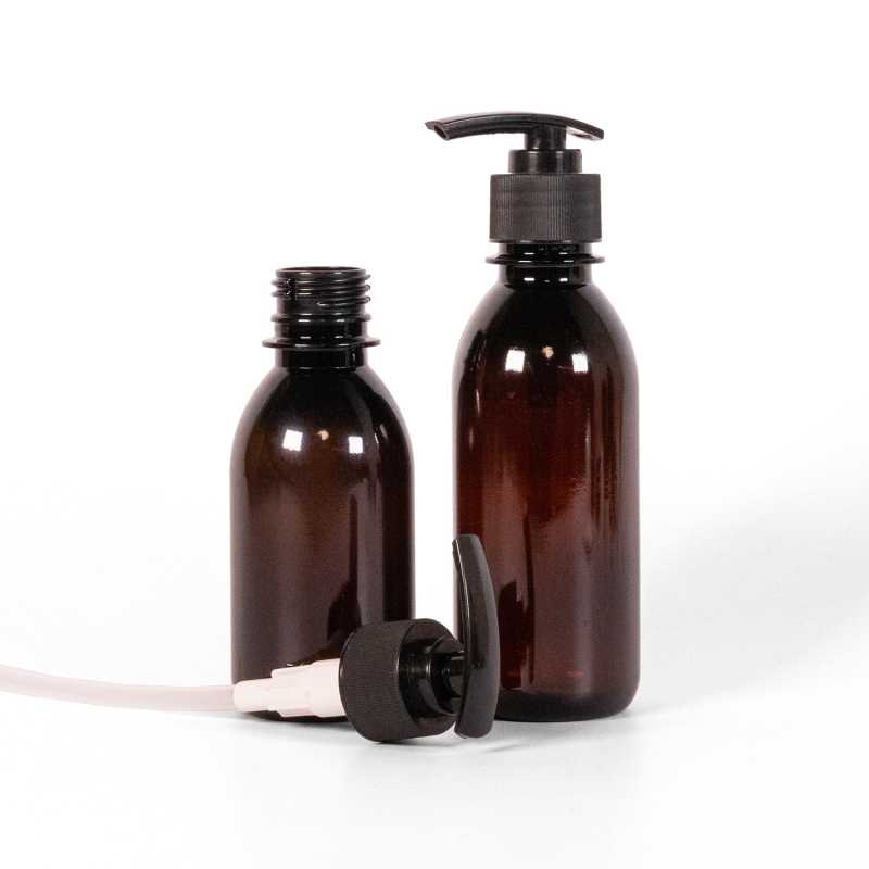 Plastová fľaška, liekovka, čierna pumpička vrúbkovaná, 200 ml