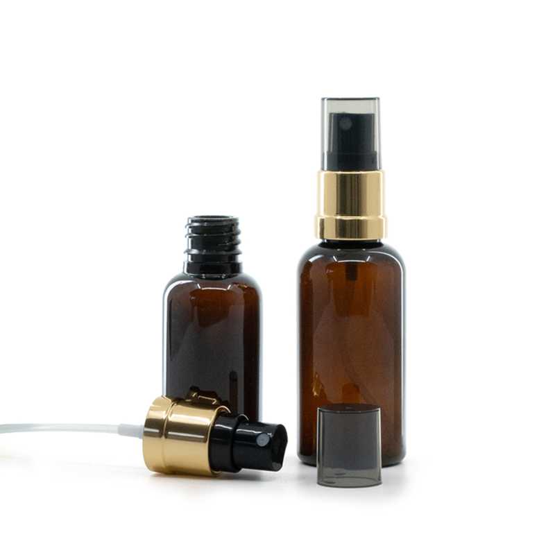 Plastová fľaška, liekovka, čierno-zlatý rozprašovač, dymový kryt, 30 ml