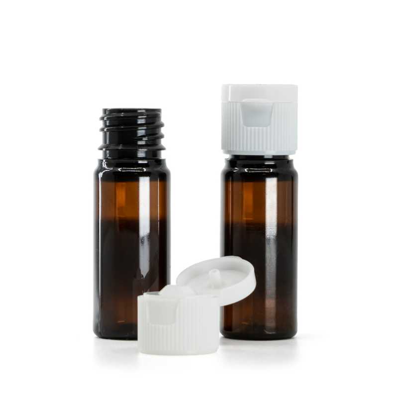 Plastová fľaška, liekovka, hnedá, 18 mm, flip top, biely, 10 ml