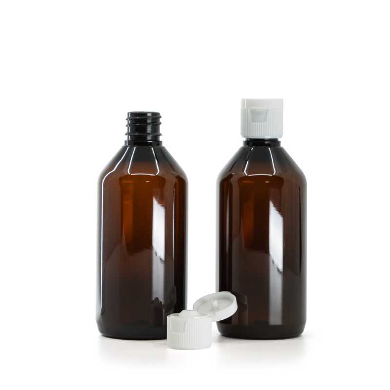 Plastová fľaška, liekovka, hnedá, 18 mm, flip top, biely, 115 ml