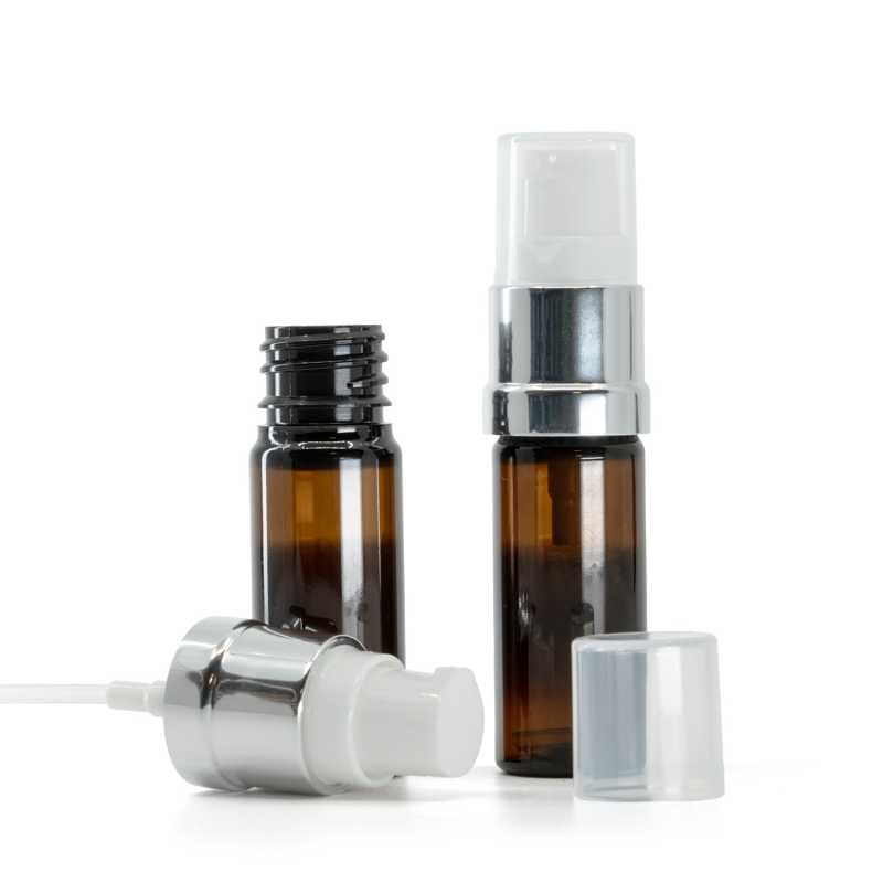 Plastová fľaška, liekovka, hnedá, bielo-strieborný lesklý dávkovač, 10 ml