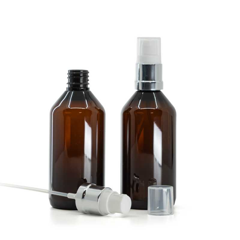Plastová fľaška, liekovka, hnedá, bielo-strieborný lesklý dávkovač, 115 ml