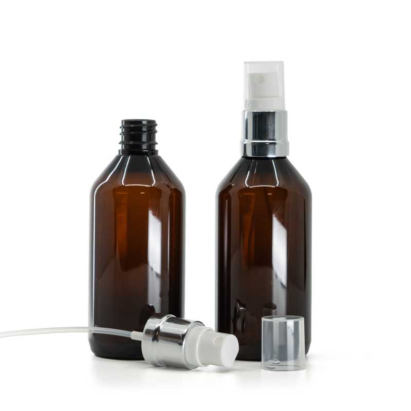Plastová fľaška, liekovka, hnedá, bielo-strieborný rozprašovač, 115 ml