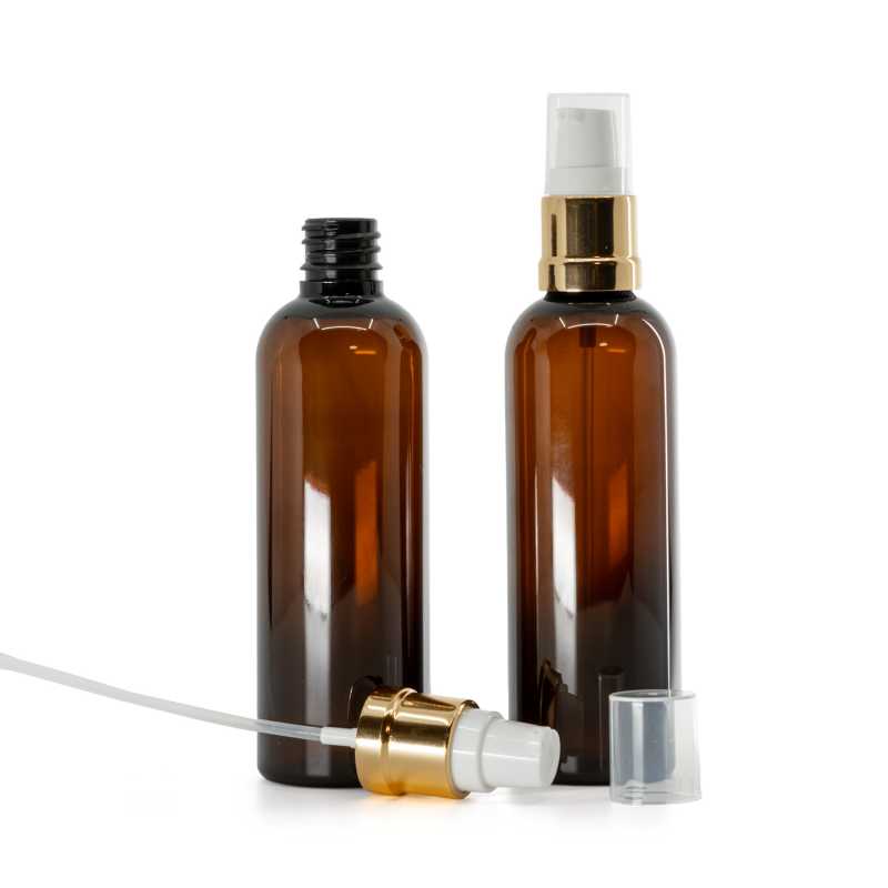 Plastová fľaška, liekovka, hnedá, bielo-zlatý lesklý dávkovač, 100 ml 