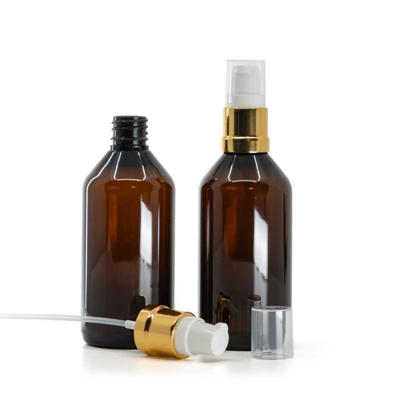 Plastová fľaška, liekovka, hnedá, bielo-zlatý lesklý dávkovač, 115 ml