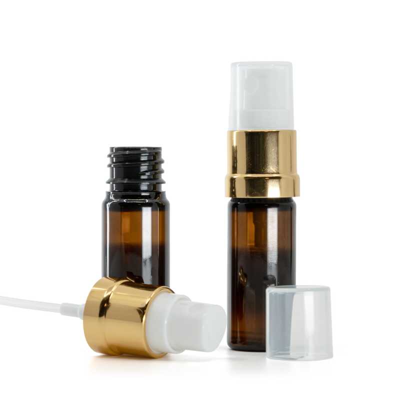 Plastová fľaška, liekovka, hnedá, bielo-zlatý rozprašovač, 10 ml