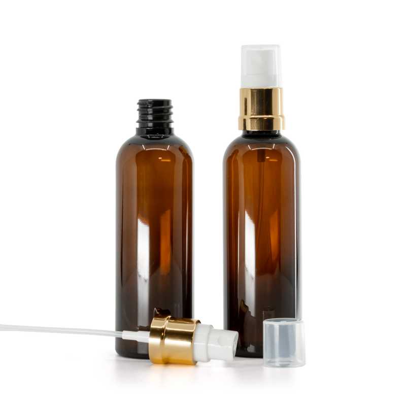 Plastová fľaška, liekovka, hnedá, bielo-zlatý rozprašovač, 100 ml 