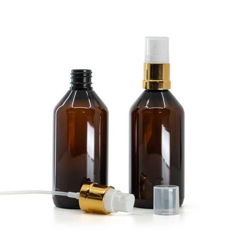 Plastová fľaška, liekovka, hnedá, bielo-zlatý rozprašovač, 115 ml