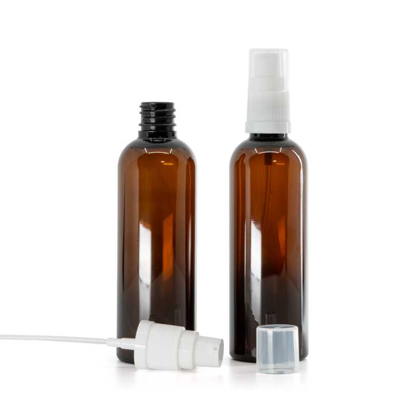 Plastová fľaška, liekovka, hnedá, biely dávkovač, 100 ml  