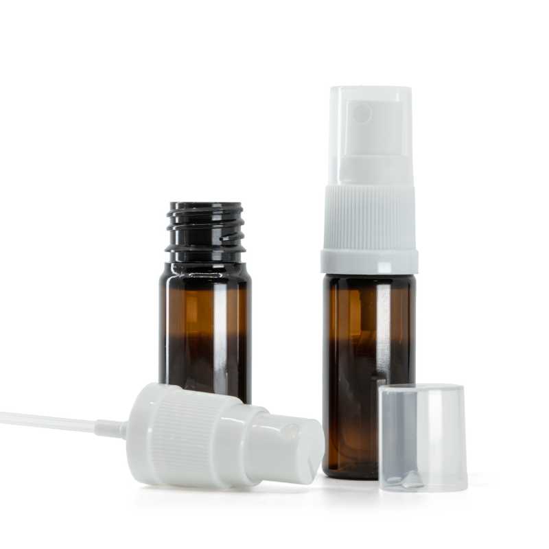 Plastová fľaška, liekovka, hnedá, biely rozprašovač, 10 ml