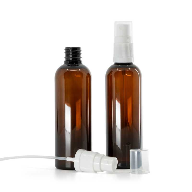 Plastová fľaška, liekovka, hnedá, biely rozprašovač, 100 ml 