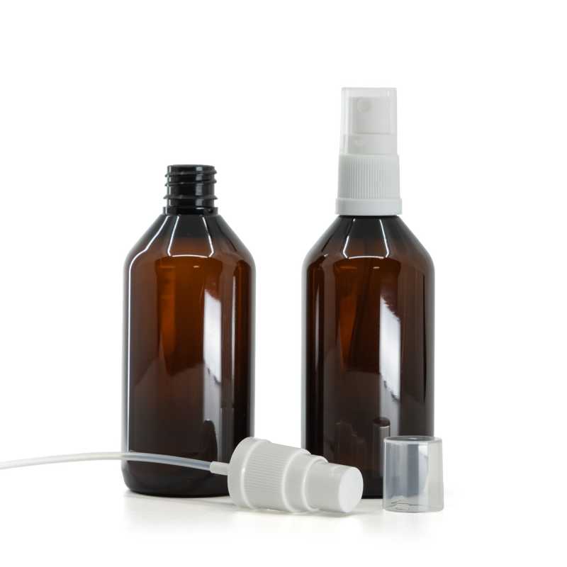 Plastová fľaška, liekovka, hnedá, biely rozprašovač, 115 ml