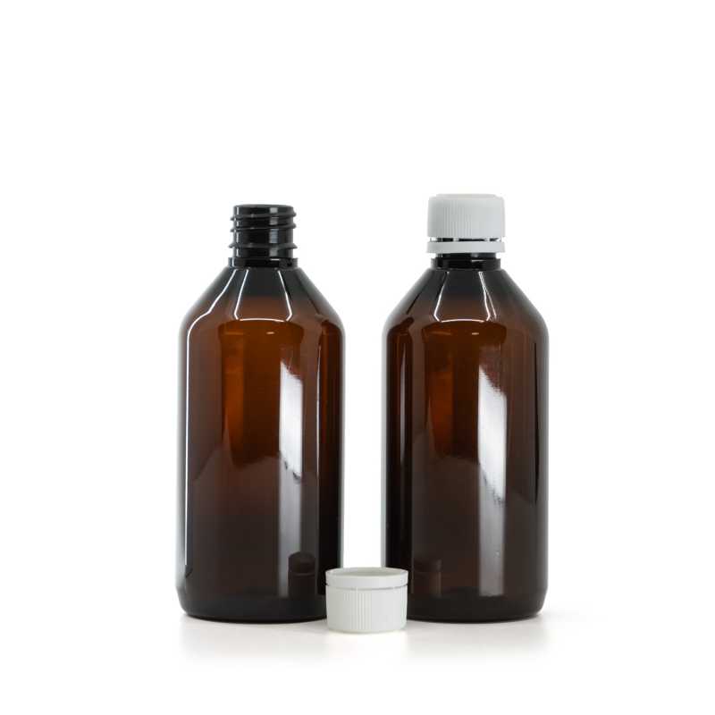 Plastová fľaška, liekovka, hnedá, biely vrchnák s poistným krúžkom, 115 ml