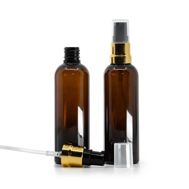 Plastová fľaška, liekovka, hnedá, čierno-zlatý lesklý dákovač, priehľadný vrch, 100 ml