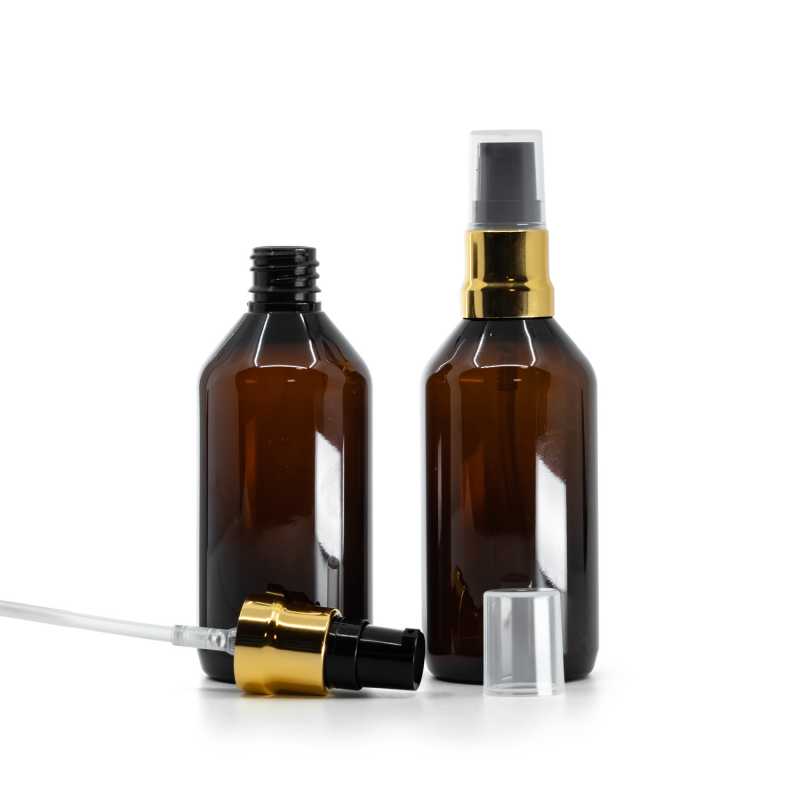 Plastová fľaška, liekovka, hnedá, čierno-zlatý lesklý dákovač, priehľadný vrch, 115 ml