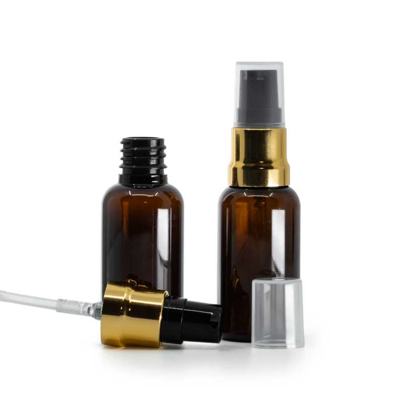 Plastová fľaška, liekovka, hnedá, čierno-zlatý lesklý dákovač, priehľadný vrch, 30 ml