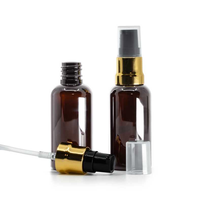 Plastová fľaška, liekovka, hnedá, čierno-zlatý lesklý dákovač, priehľadný vrch, 50 ml