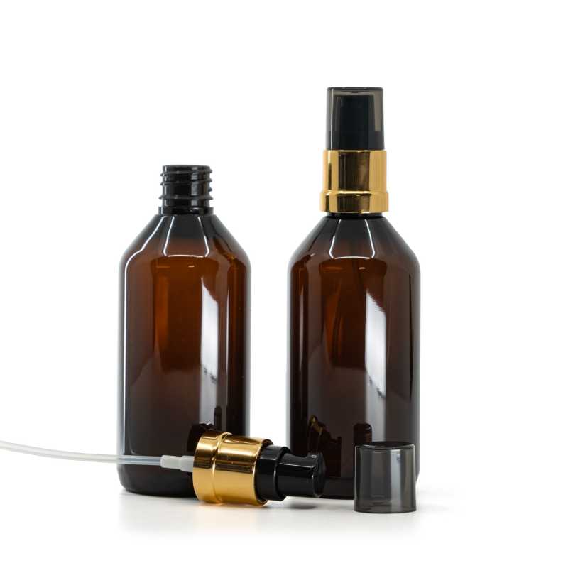 Plastová fľaška, liekovka, hnedá, čierno-zlatý, lesklý dávkovač s dymovým krytom, 115 ml