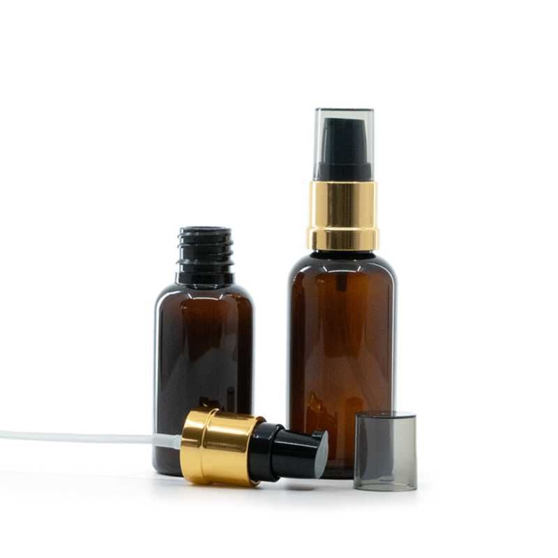 Plastová fľaška, liekovka, hnedá, čierno-zlatý lesklý dávkovač s dymovým krytom, 50 ml