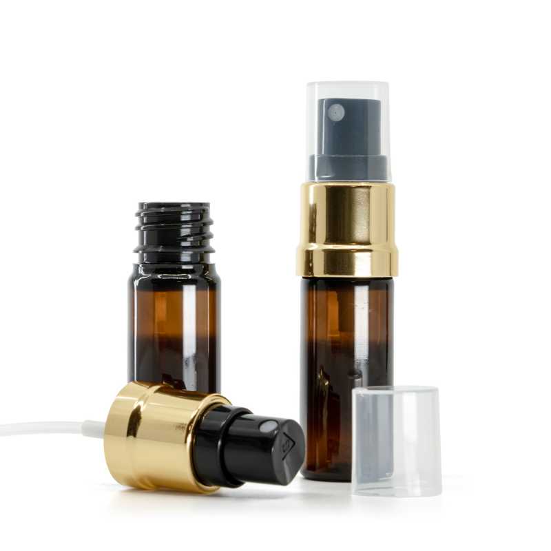 Plastová fľaška, liekovka, hnedá, čierno-zlatý rozprašovač, 10 ml