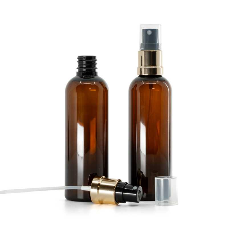 Plastová fľaška, liekovka, hnedá, čierno-zlatý rozprašovač, 100 ml 