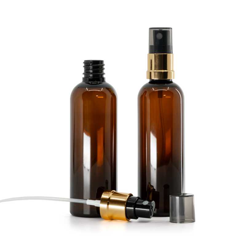 Plastová fľaška, liekovka, hnedá, čierno-zlatý rozprašovač, dymový kryt, 100 ml 