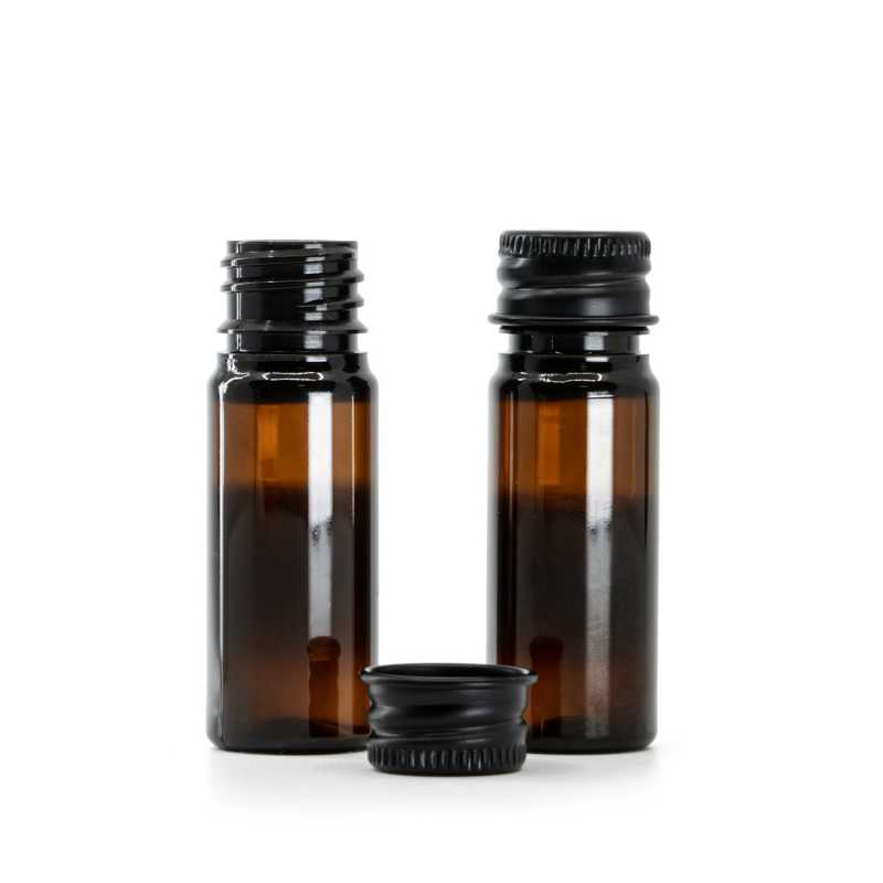 Plastová fľaška, liekovka, hnedá, čierny hliníkový vrchnák, 10 ml