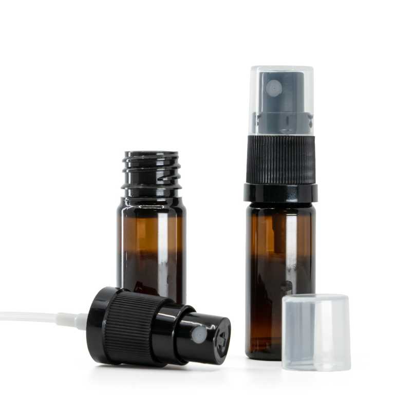 Plastová fľaška, liekovka, hnedá, čierny rozprašovač, 10 ml