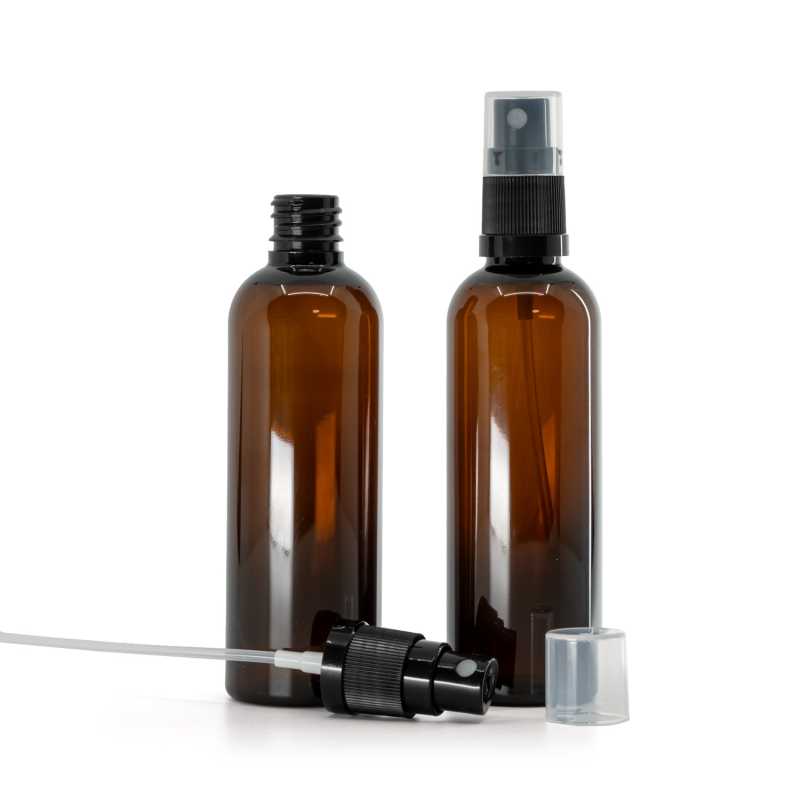 Plastová fľaška, liekovka, hnedá, čierny rozprašovač, 100 ml 