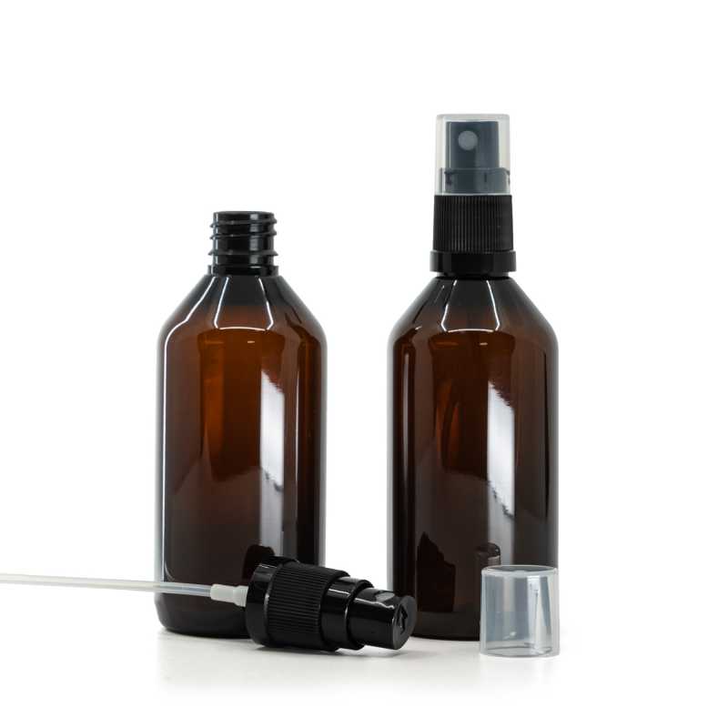 Plastová fľaška, liekovka, hnedá, čierny rozprašovač, 115 ml