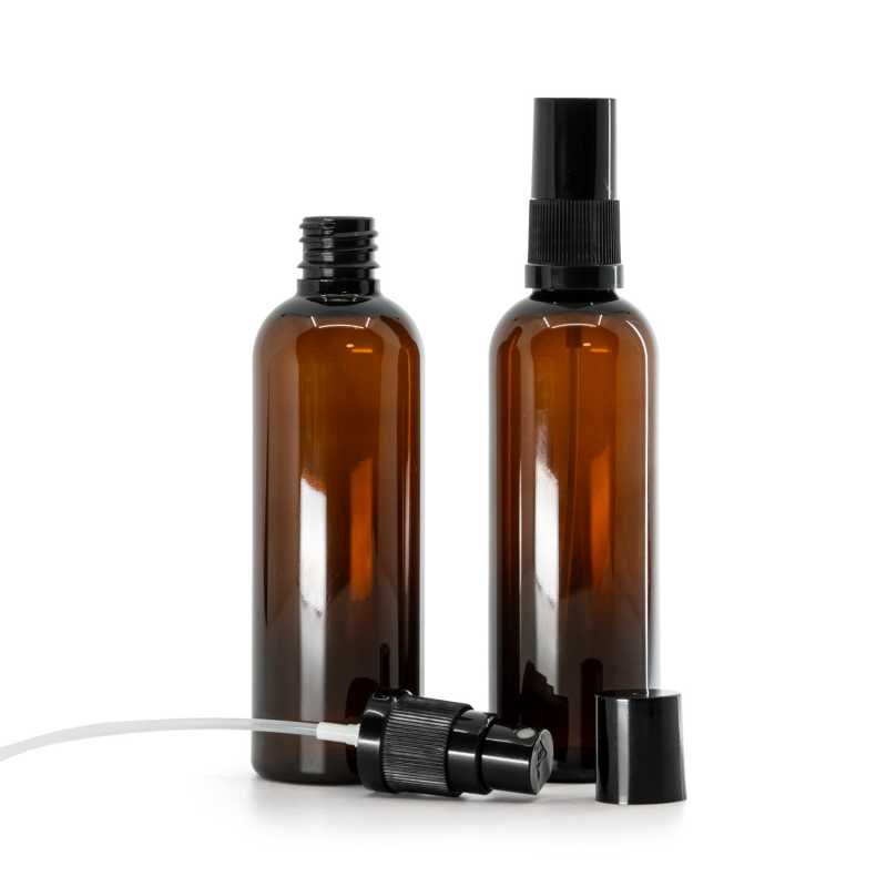 Plastová fľaška, liekovka, hnedá, čierny rozprašovač, čierny vrch, 100 ml 