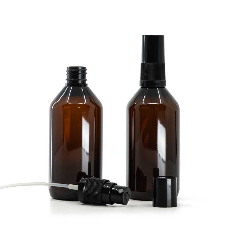 Plastová fľaška, liekovka, hnedá, čierny rozprašovač, čierny vrch, 115 ml
