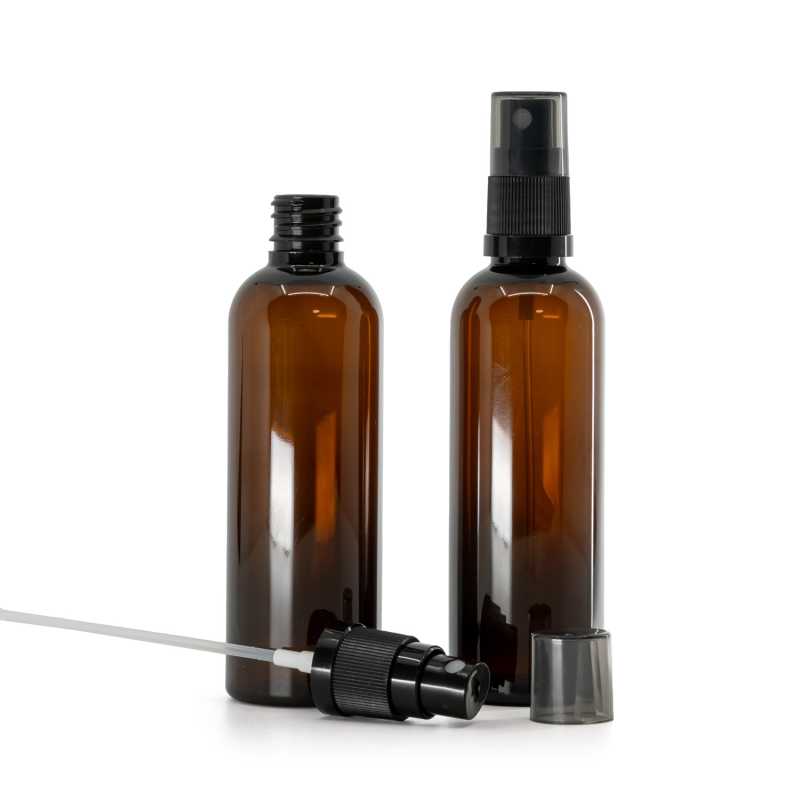 Plastová fľaška, liekovka, hnedá, čierny rozprašovač, dymový kryt, 100 ml 