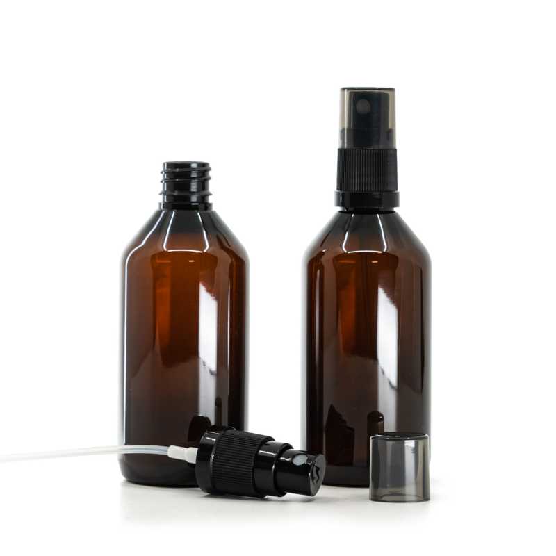 Plastová fľaška, liekovka, hnedá, čierny rozprašovač, dymový kryt, 115 ml