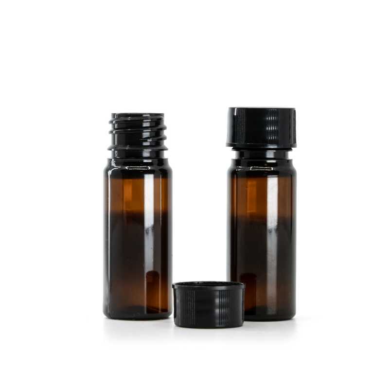 Plastová fľaška, liekovka, hnedá, čierny vrchnák, 10 ml