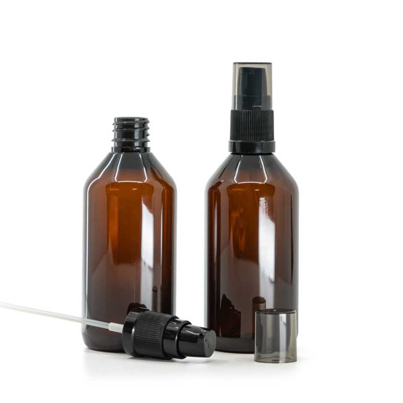 Plastová fľaška, liekovka, hnedá, dávkovač krémov s dymovým krytom, 115 ml