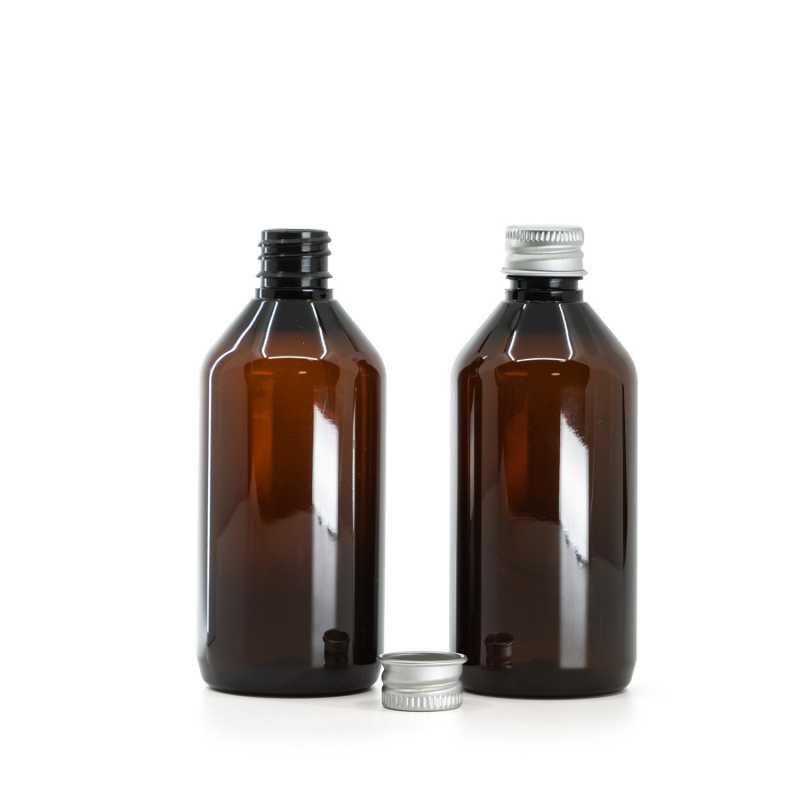 Plastová fľaška, liekovka, hnedá, hliníkový vrchnák, 115 ml