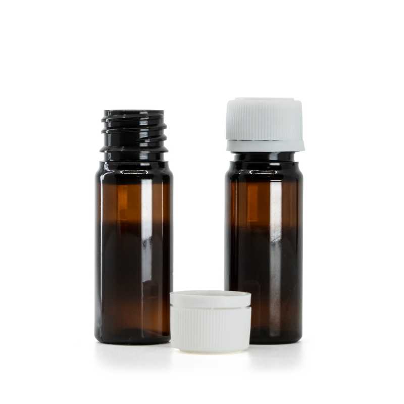 Plastová fľaška, liekovka, hnedá, plastový vrchnák s poistkou, 18 mm biely, typ 2, 10 ml