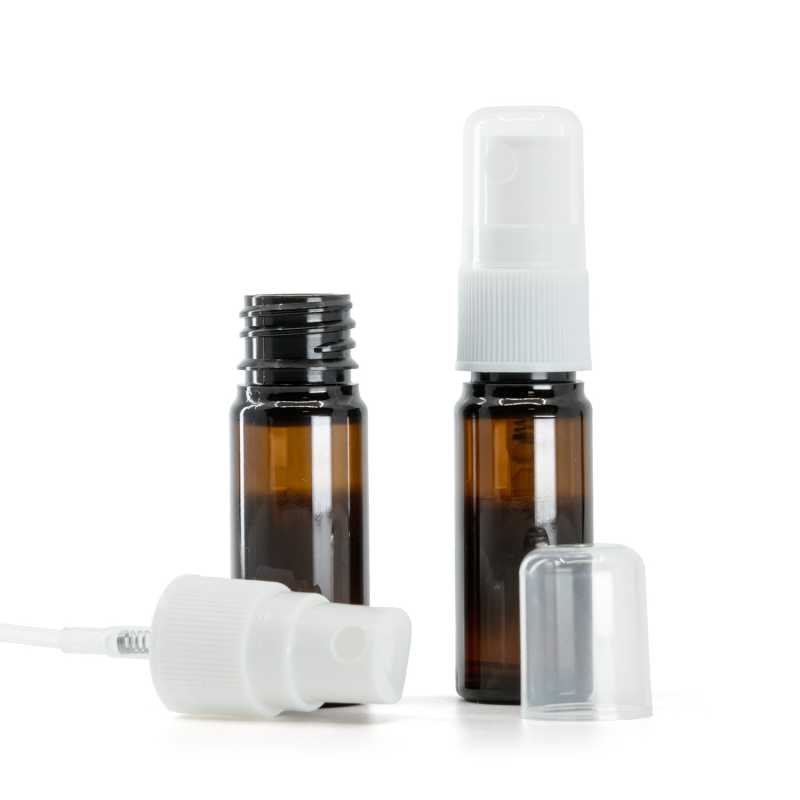 Plastová fľaška, liekovka, hnedá, rozprašovač biely na plastovú fľašu, 10 ml